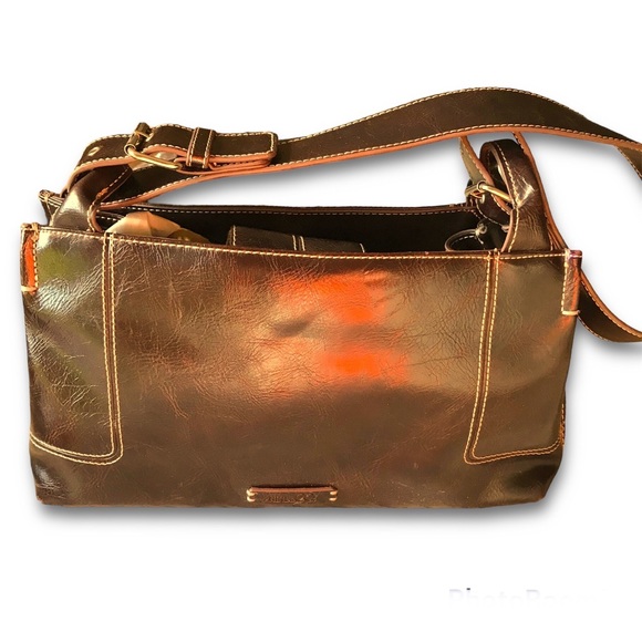 NINE & CO Dark Brown Faux Leather, Silver Hardware Structured Shoulder Bag GUC - Picture 14 of 15